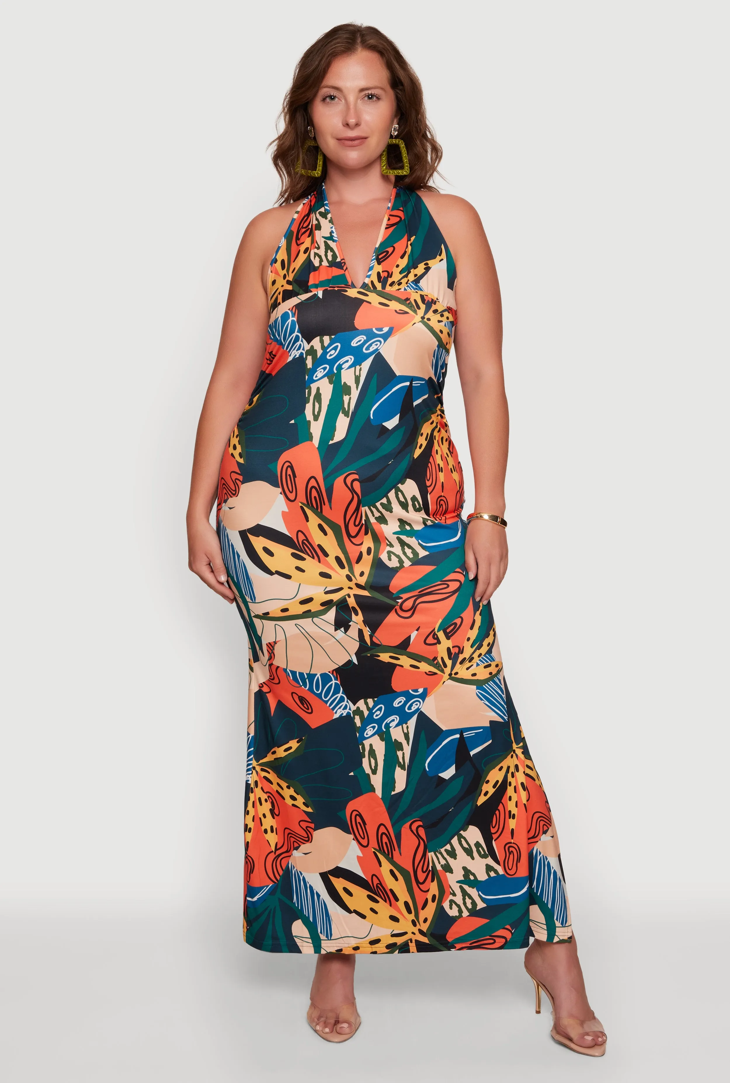 Plus Size Patterned Side Slit Halter Maxi Dress sold by Rainbow