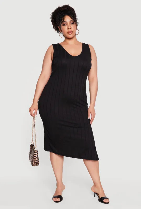 Plus Size Sleeveless V-Neck Ribbed Knit Midi Dress made by Rainbow