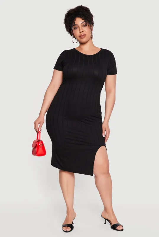 Plus Size Short Sleeve Ribbed Knit Dress with Side Slit made by Rainbow