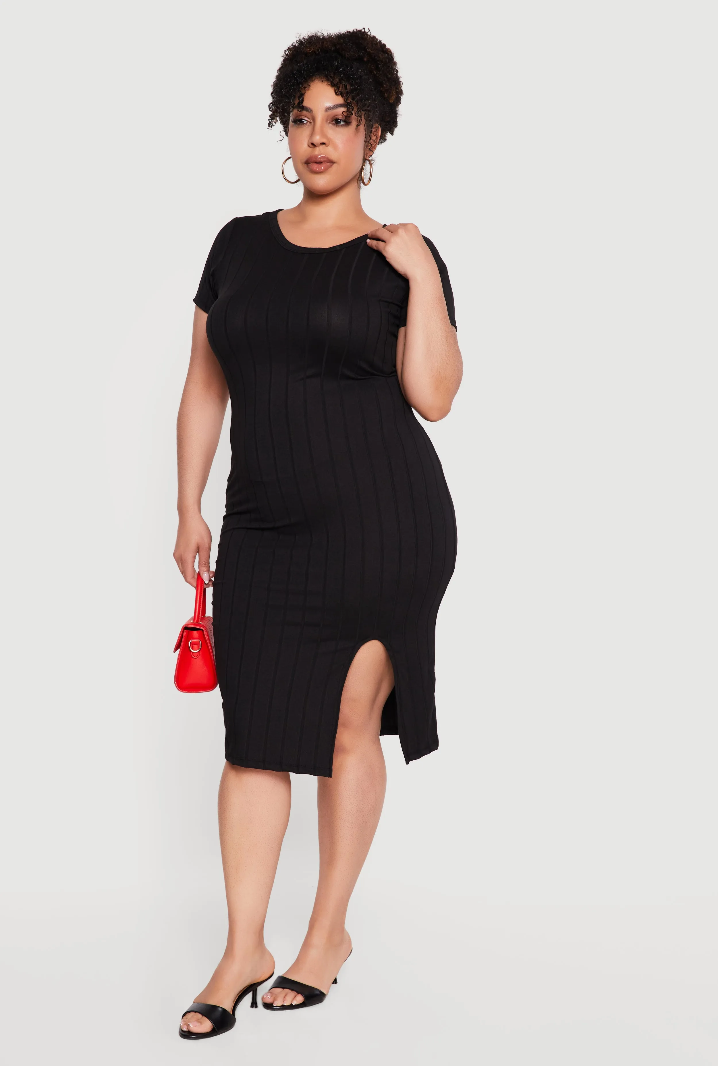 Plus Size Short Sleeve Ribbed Knit Dress with Side Slit sold by Rainbow product image thumbnail 2