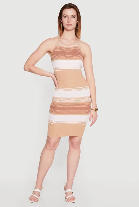 Striped Ribbed Knit Halter Mini Dress made by Rainbow