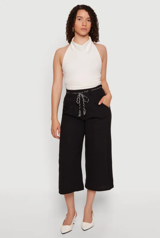 Crepe Knit Wide Leg Culottes with Rope Belt made by Rainbow