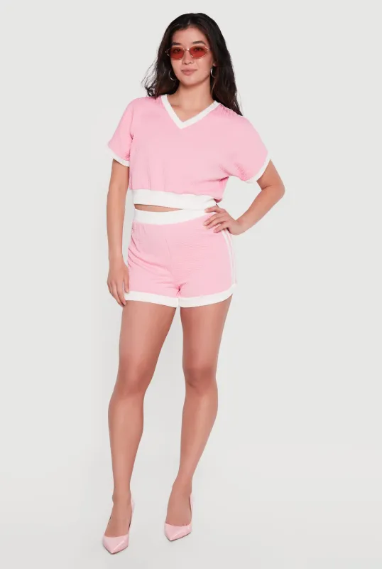 Textured Knit Varsity Striped Detail Shorts made by Rainbow