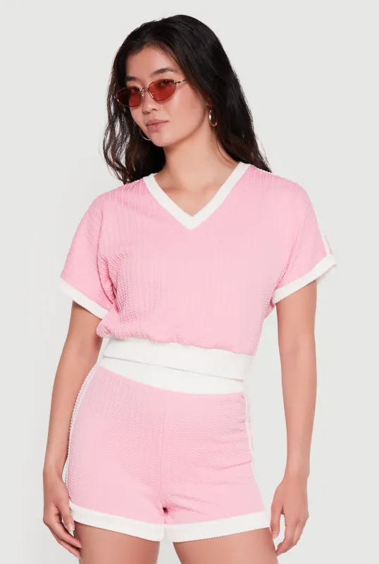 Textured Knit Contrast Trim Crop Top made by Rainbow