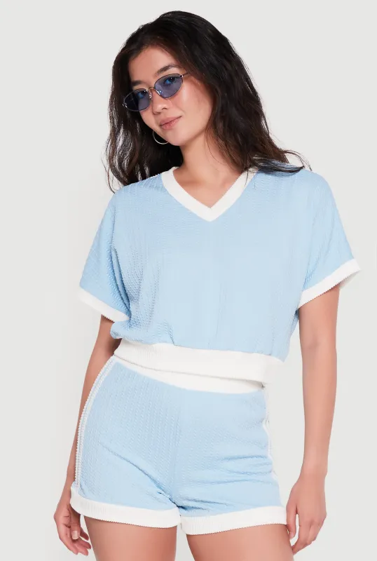 Textured Knit Contrast Trim Crop Top made by Rainbow