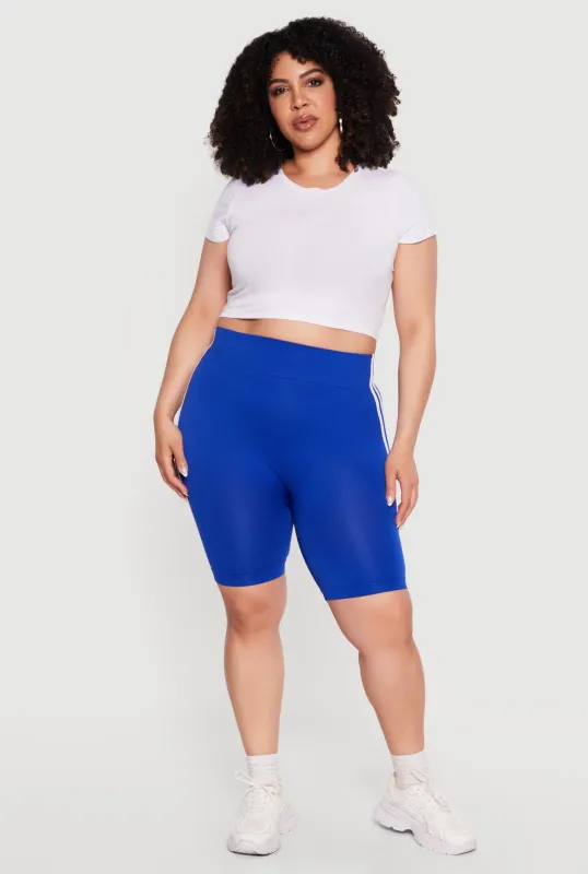 Plus Size Seamless Varsity Stripe High Waisted Biker Shorts made by Rainbow