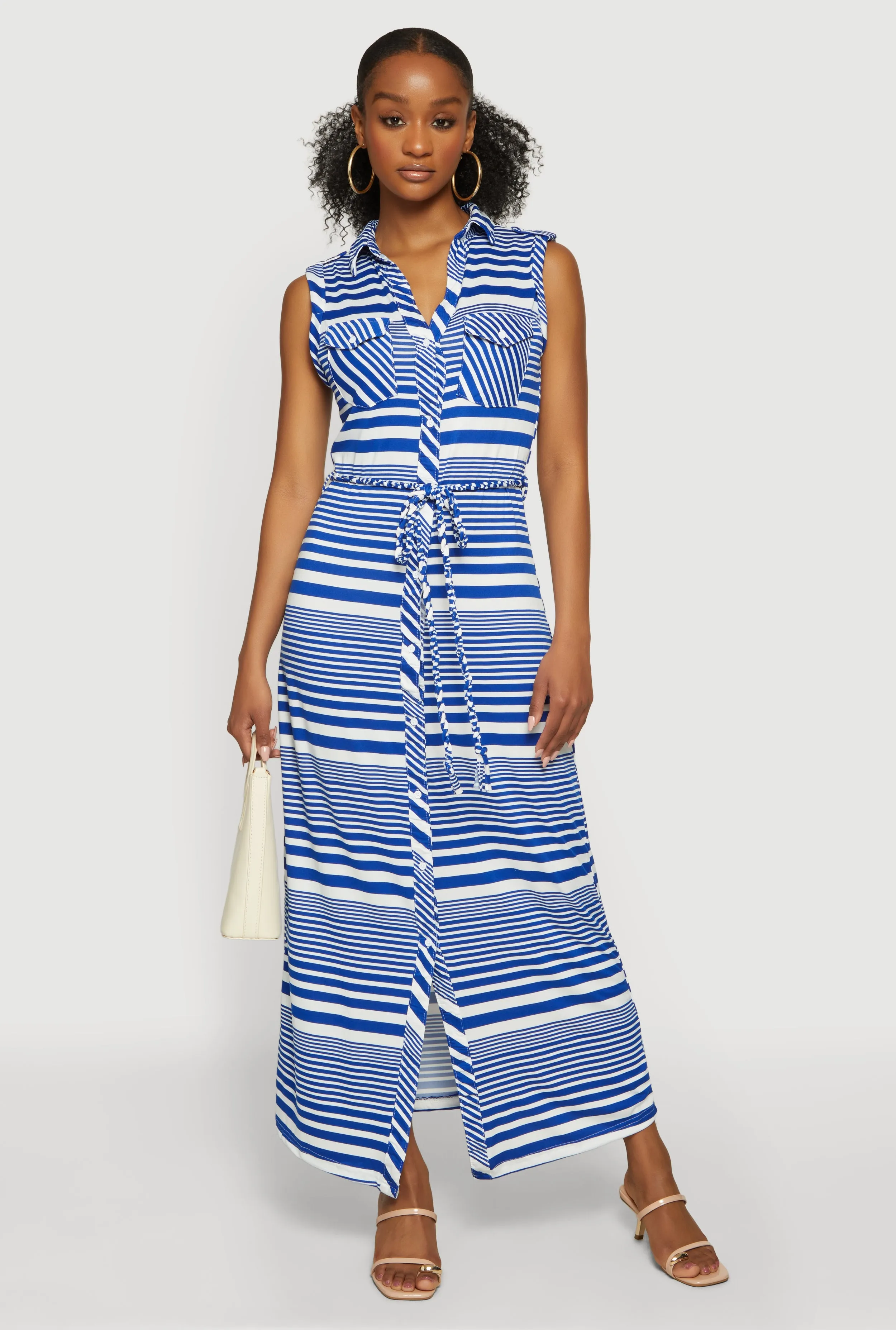 Striped Button Front Tie Waist Belted Maxi Dress sold by Rainbow