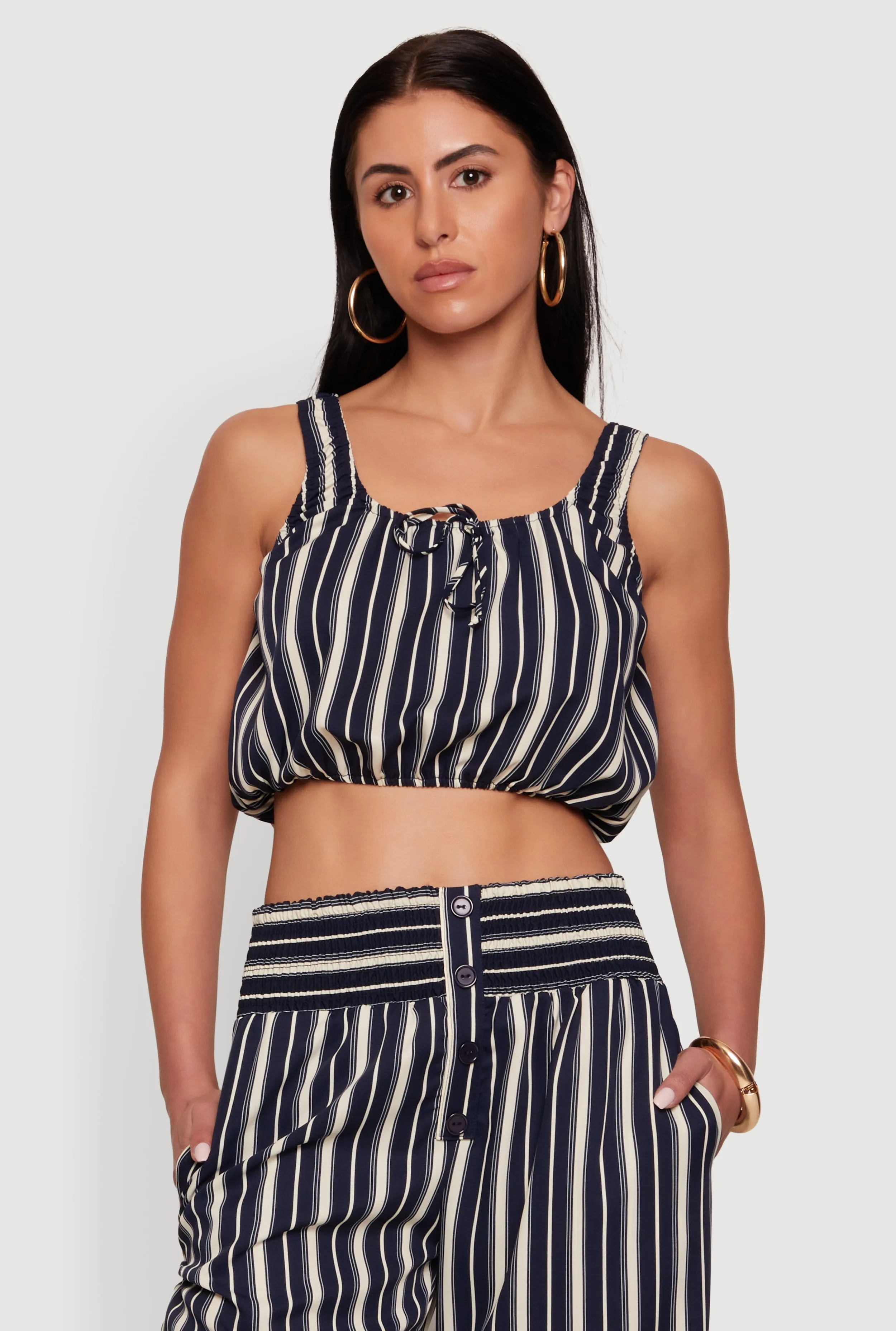 Sleeveless Striped Crop Top with Tie Front Detail sold by Rainbow