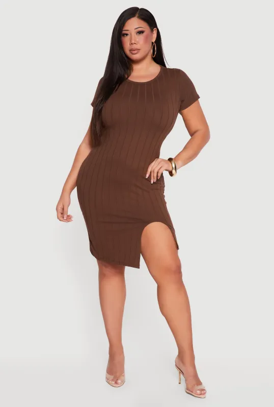 Plus Size Short Sleeve Ribbed Knit Dress with Side Slit made by Rainbow