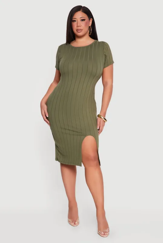 Plus Size Short Sleeve Ribbed Knit Dress with Side Slit made by Rainbow