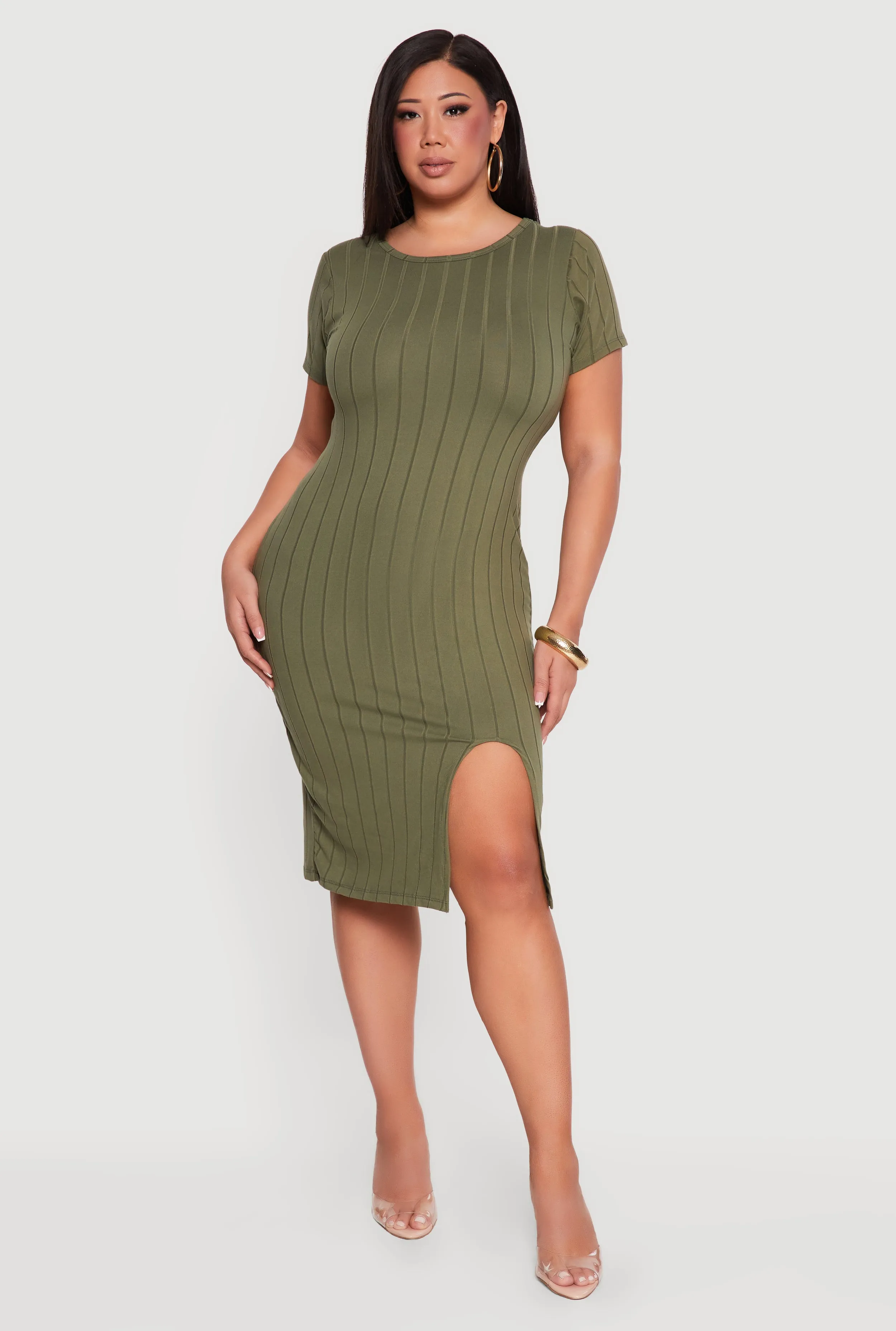 Plus Size Short Sleeve Ribbed Knit Dress with Side Slit sold by Rainbow