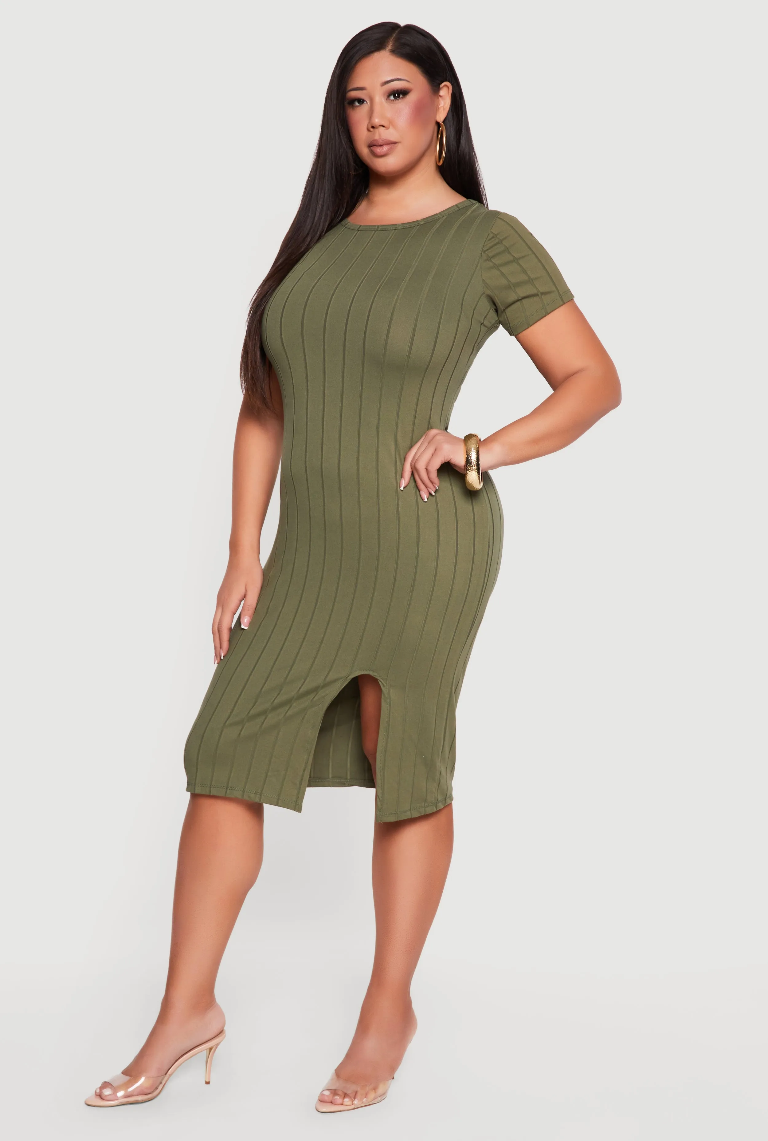 Plus Size Short Sleeve Ribbed Knit Dress with Side Slit sold by Rainbow product image thumbnail 2