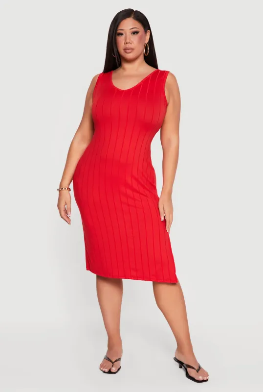 Plus Size Sleeveless V-Neck Ribbed Knit Midi Dress made by Rainbow