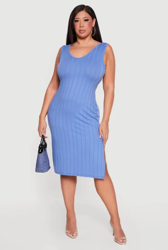 Plus Size Sleeveless V-Neck Ribbed Knit Midi Dress made by Rainbow