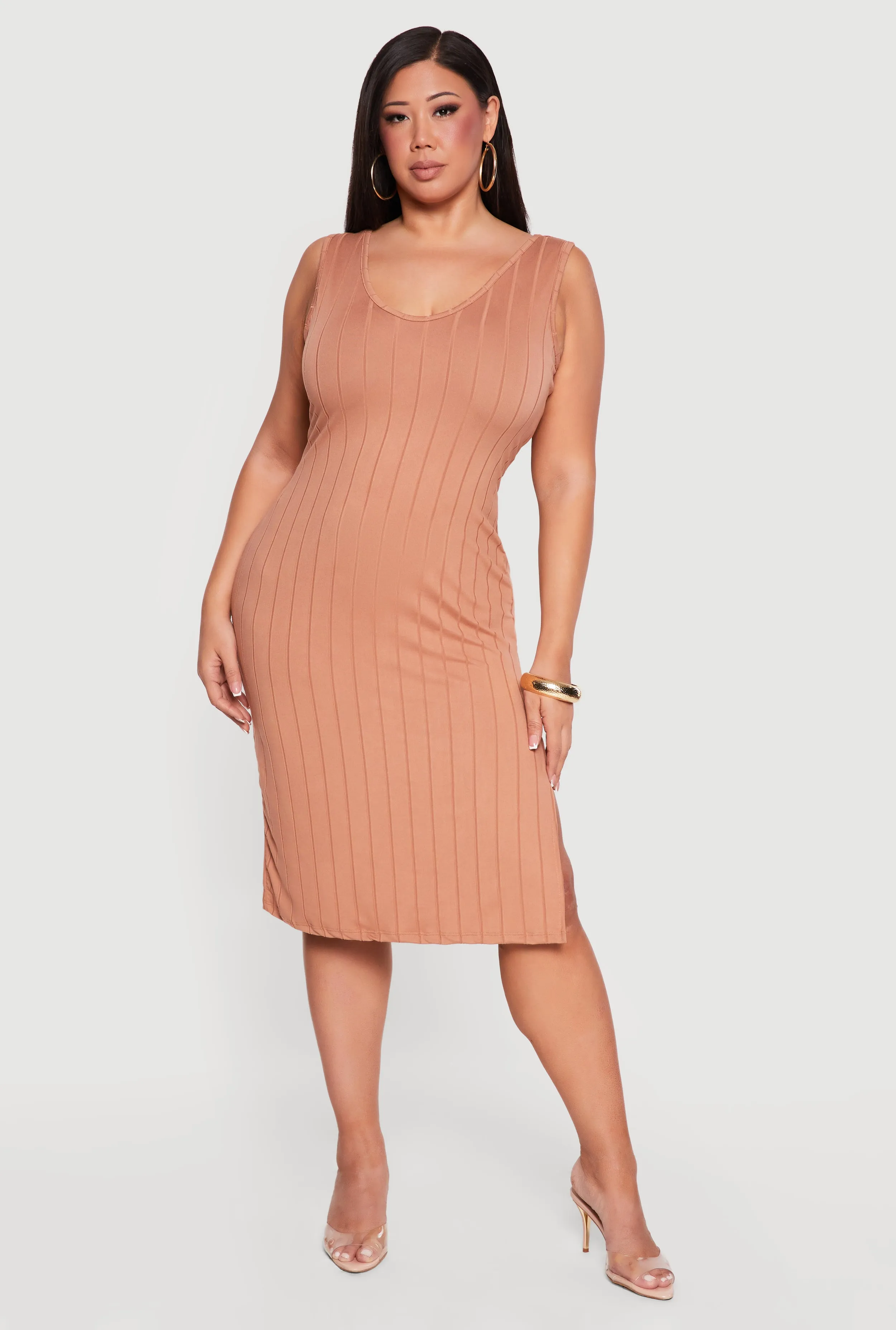 Plus Size Sleeveless V-Neck Ribbed Knit Midi Dress sold by Rainbow