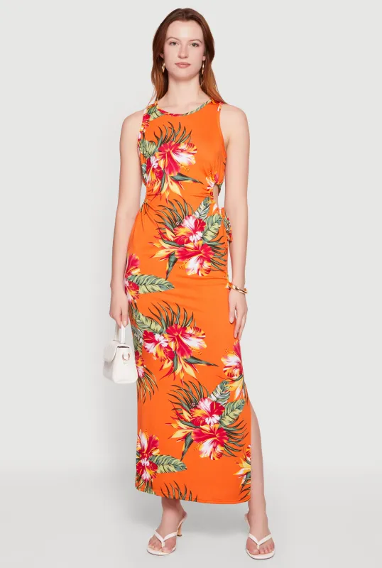 Floral Drawstring Side Detail Side Slit Maxi Dress made by Rainbow