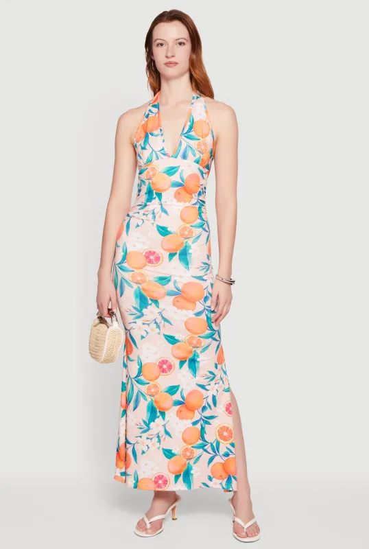 Floral Tangerine Print Tie Back Halter Neck Mermaid Dress made by Rainbow
