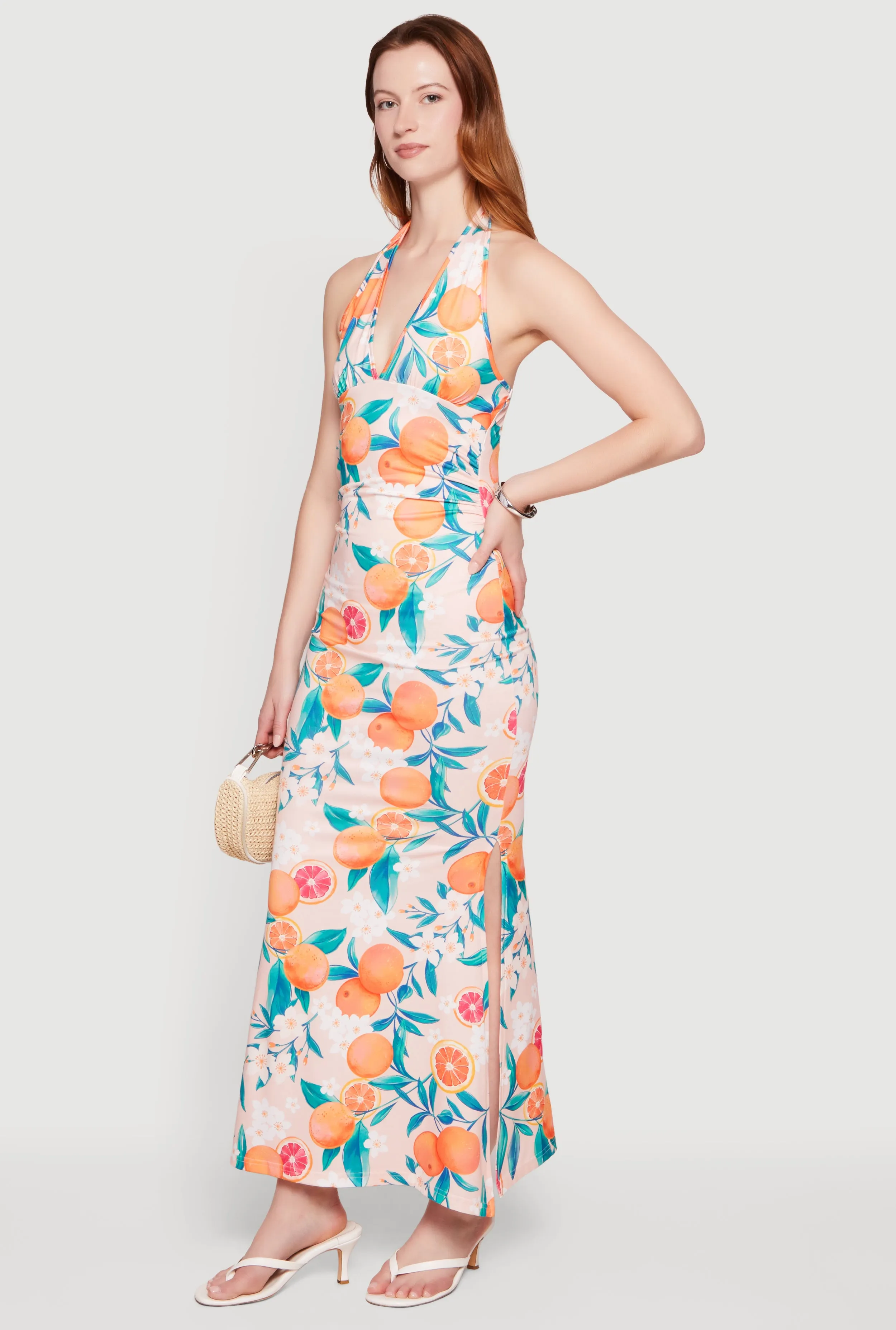Floral Tangerine Print Tie Back Halter Neck Mermaid Dress sold by Rainbow product image thumbnail 2