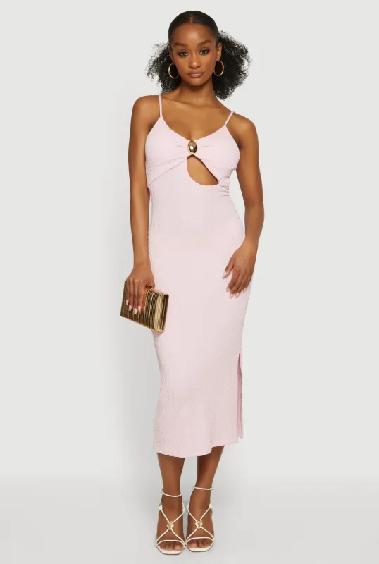 Keyhole Metallic Detail Midi Cami Dress with Side Slit made by Rainbow