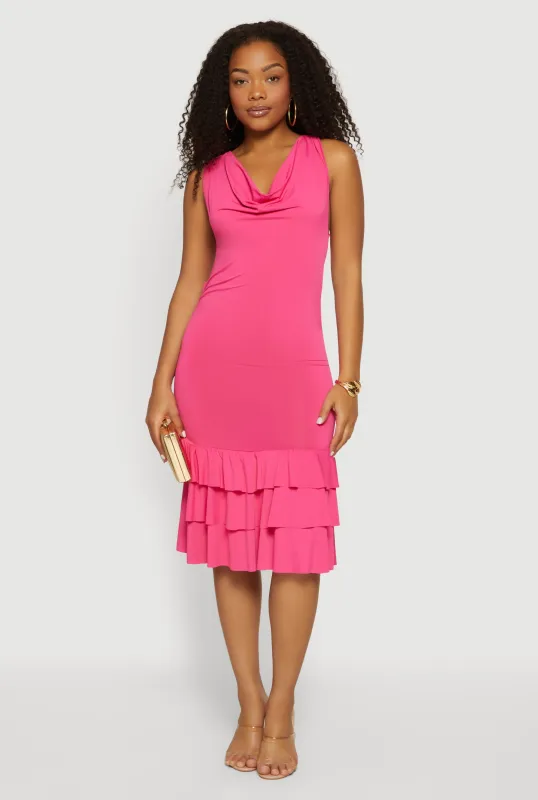 Cowl Halter Neck Tiered Ruffle Hem Midi Dress made by Rainbow