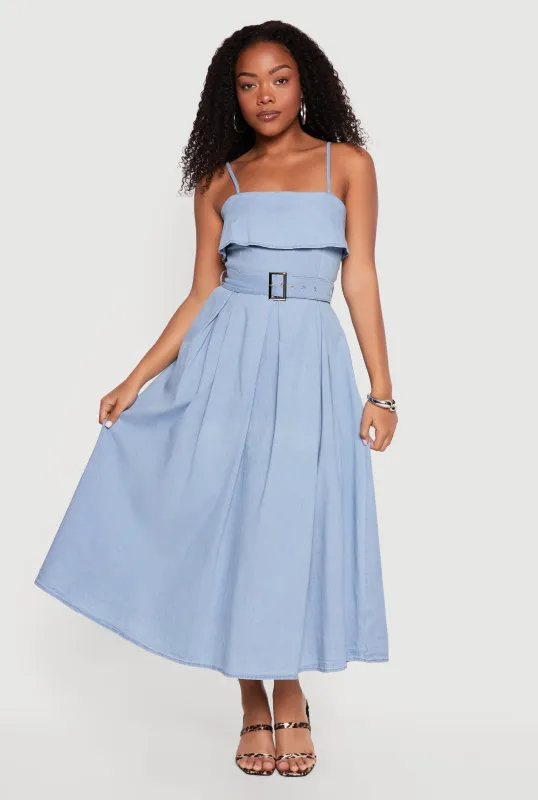 Chambray Sleeveless Maxi Dress with Buckle Belt made by Haute Monde