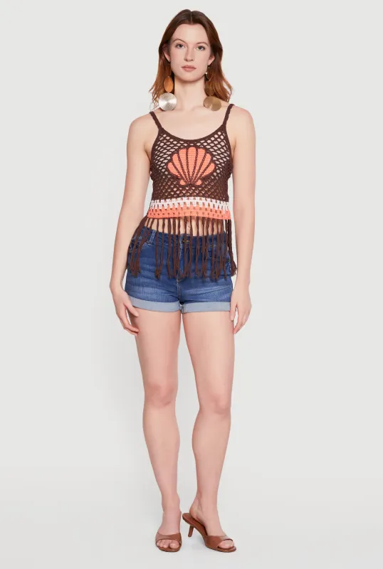 Seashell Graphic Fringe Hem Crochet Crop Top made by Rainbow