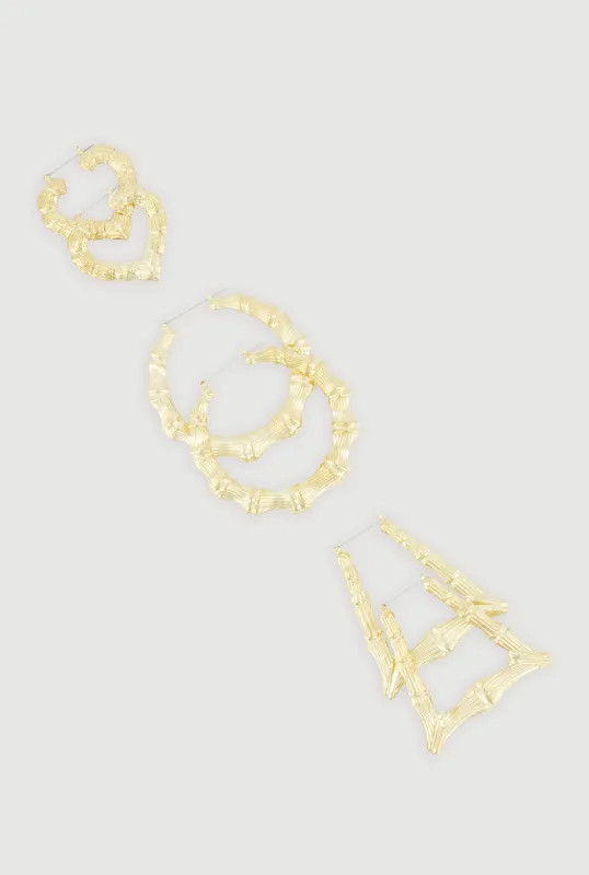 Assorted Metallic Bamboo Hoop Earrings Set of 3 made by Rainbow