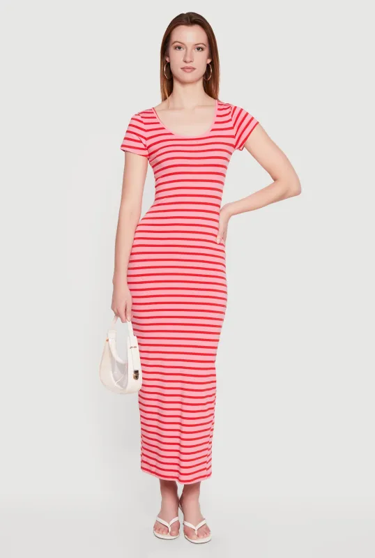 Striped Scoop Neck Back Slit Midi Dress made by Daisy