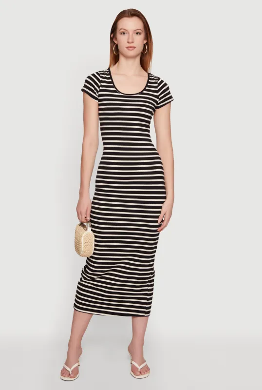 Striped Scoop Neck Back Slit Midi Dress made by Daisy