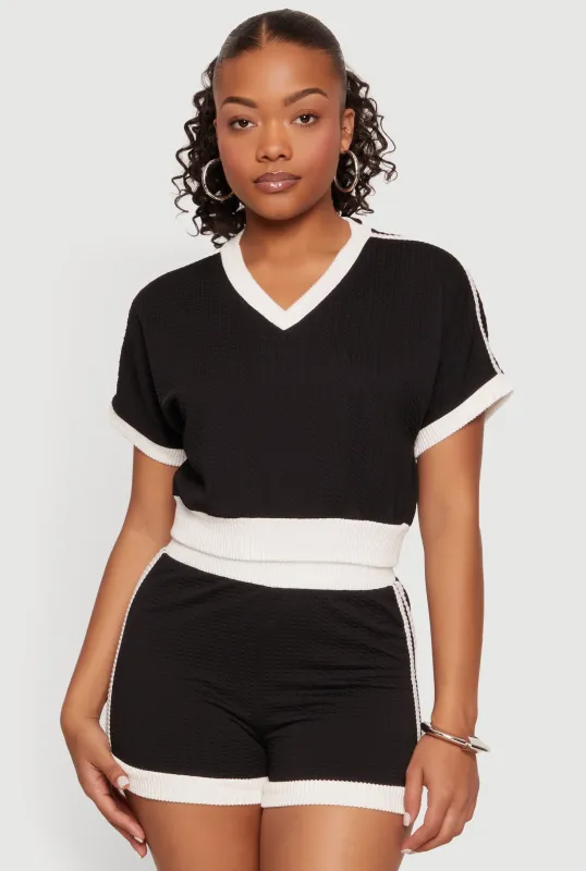 Textured Knit Contrast Trim Crop Top made by Rainbow