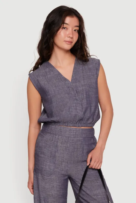 Linen Faux Wrap Cinched Waist Crop Top made by Rainbow