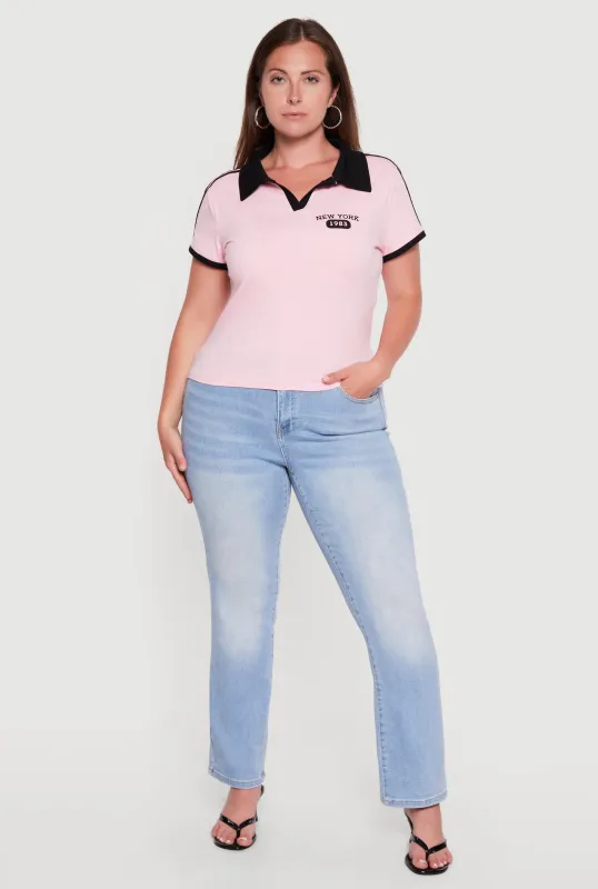 Plus Size Contrast Trim New York 1983 Graphic Polo Top made by Rainbow
