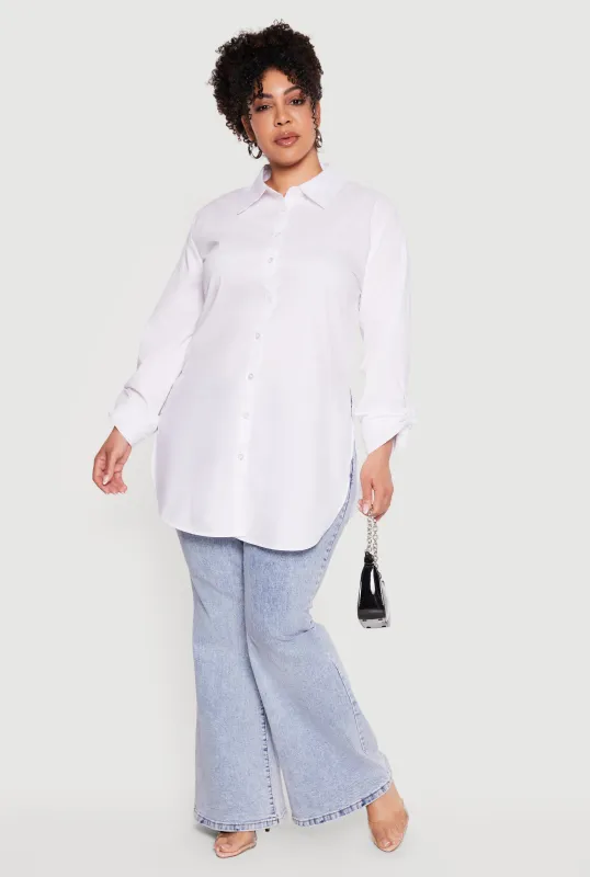 Plus Size Tabbed Long Sleeve Button Front Tunic Shirt made by Rainbow