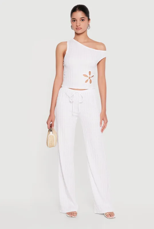 Textured Knit High Waisted Wide Leg Pull On Pants made by Rainbow