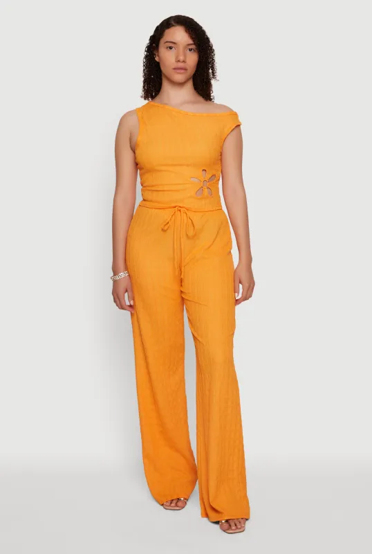 Textured Knit High Waisted Wide Leg Pull On Pants made by Rainbow