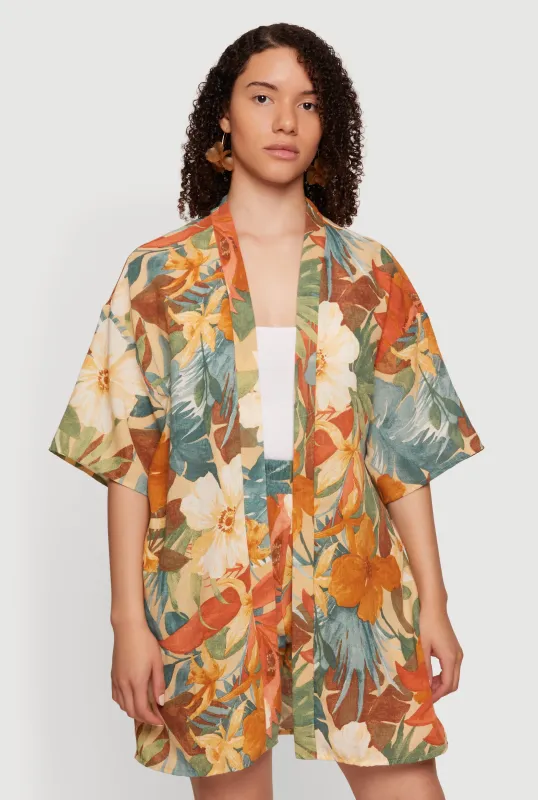 Tropical Floral Print Open Front Kimono made by Rainbow