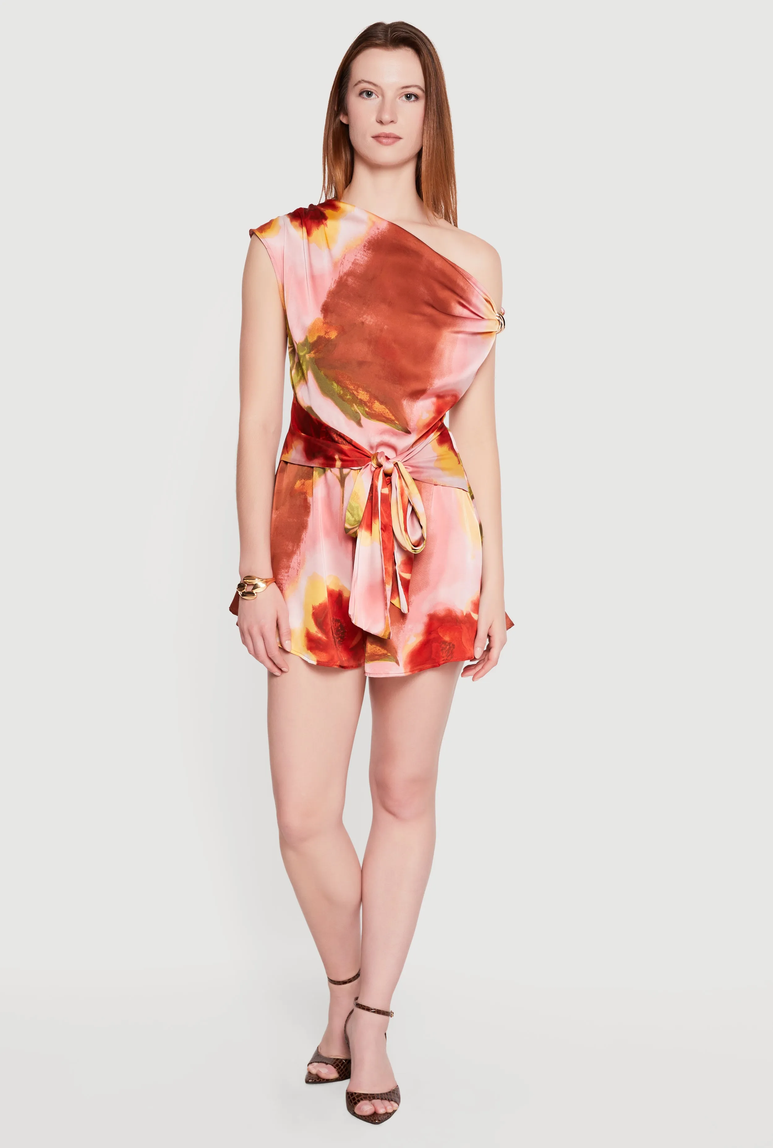 Printed Satin Tie Waist One Shoulder Romper sold by Rainbow