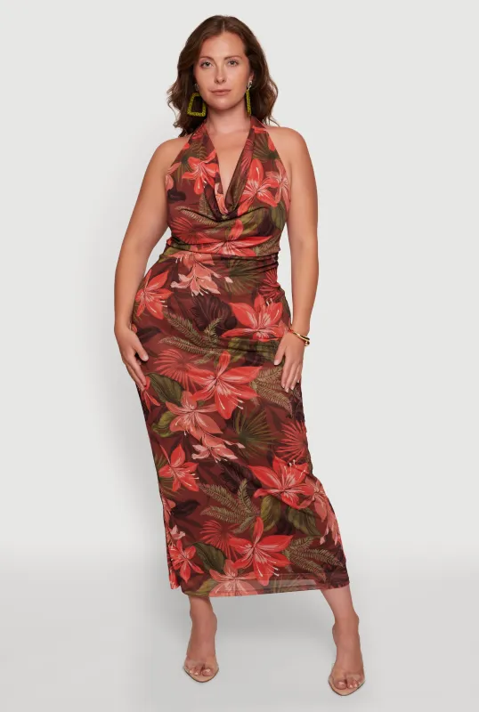 Plus Size Tropical Floral Print Mesh Cowl Neck Halter Dress made by Rainbow