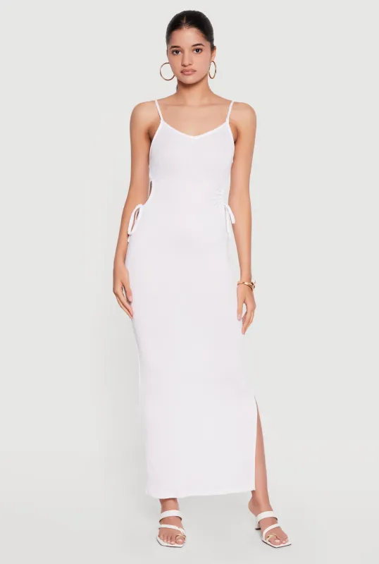 Ribbed Knit Drawstring Keyhole Detail Side Slit Maxi Dress made by Rainbow