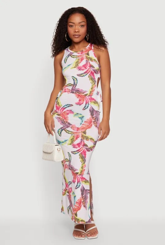 Leaf Print Drawstring Keyhole Detail Side Slit Maxi Dress made by Rainbow