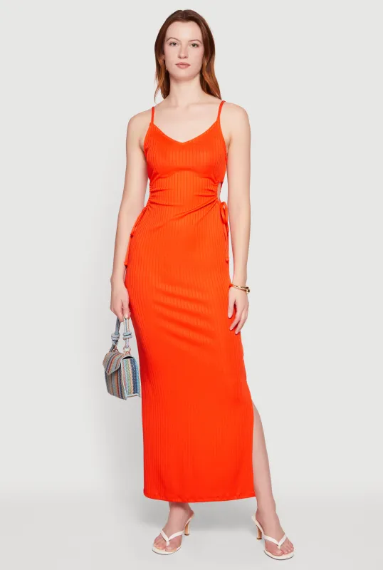 Ribbed Knit Drawstring Keyhole Detail Side Slit Maxi Dress made by Rainbow