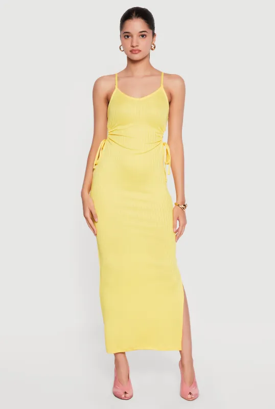 Ribbed Knit Drawstring Keyhole Detail Side Slit Maxi Dress made by Rainbow