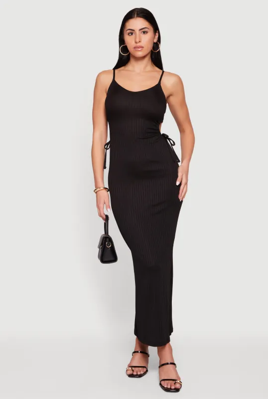 Ribbed Knit Drawstring Keyhole Detail Side Slit Maxi Dress made by Rainbow