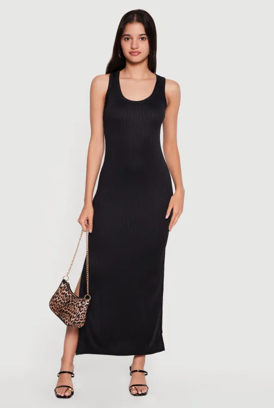 Sleeveless Ribbed Knit Maxi Dress with Side Slits made by Rainbow
