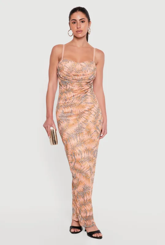Floral Leopard Print Keyhole Back Cowl Neck Mesh Maxi Dress made by Rainbow