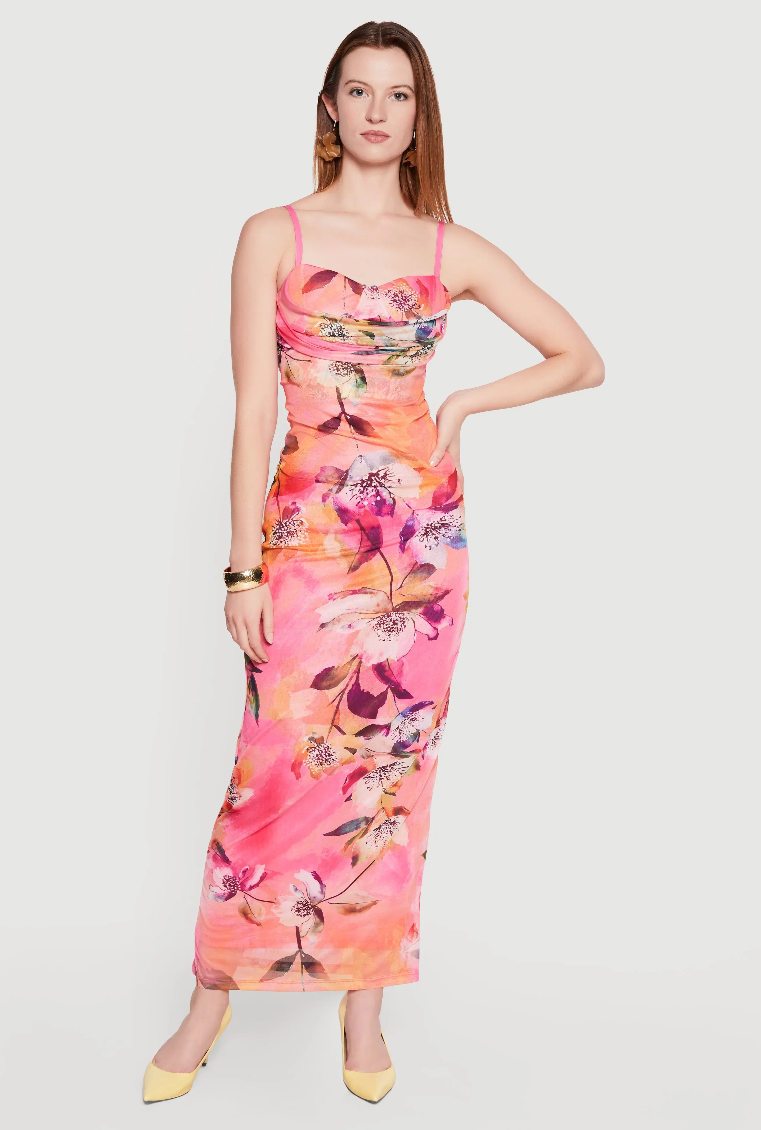 Watercolor Floral Mesh Overlay Cowl Neck Maxi Dress sold by Rainbow
