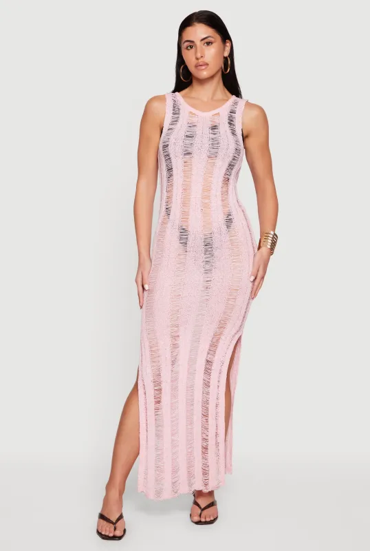 Crochet Shadow Stripe Side Slit Maxi Dress made by Rainbow