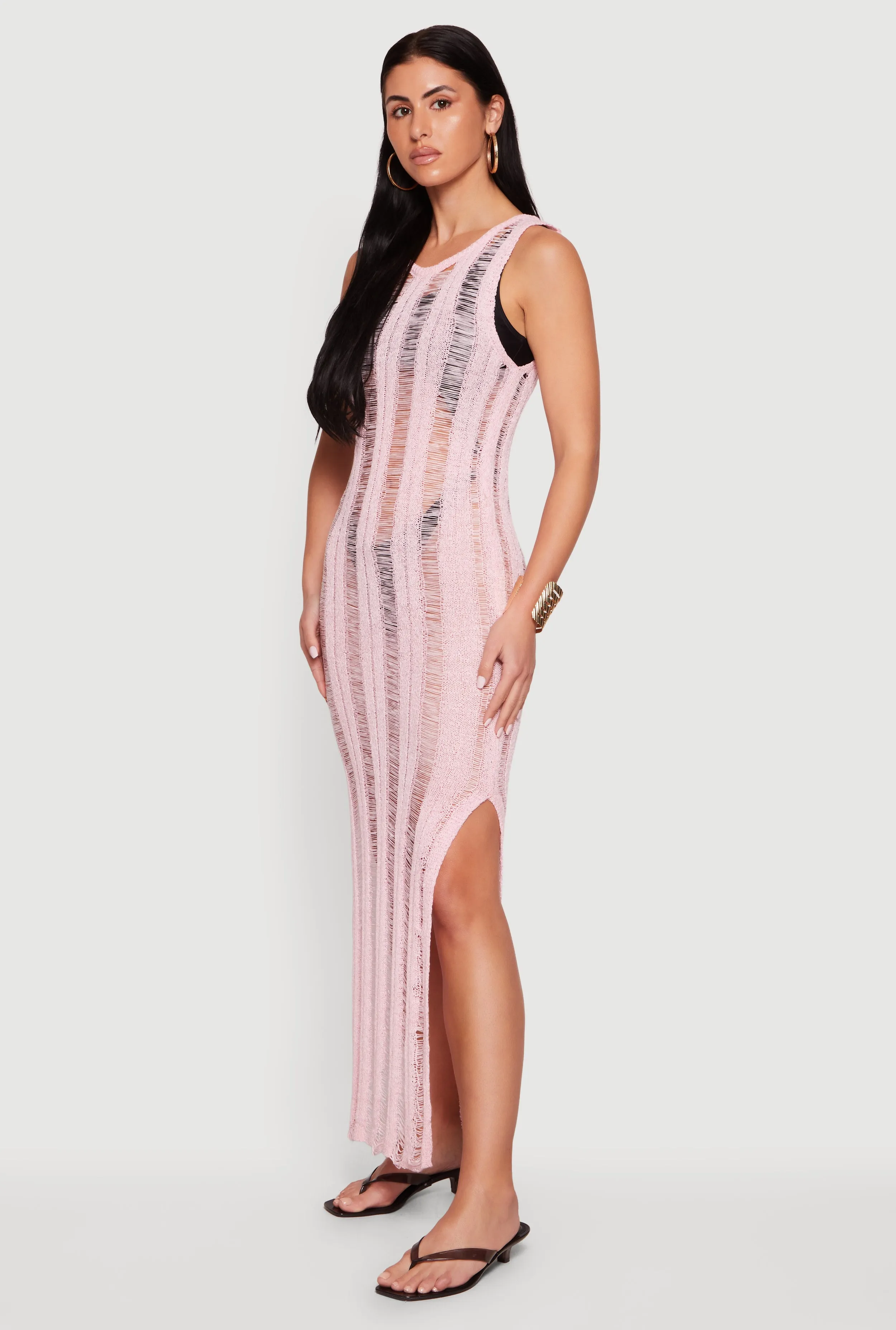 Crochet Shadow Stripe Side Slit Maxi Dress sold by Rainbow product image thumbnail 2