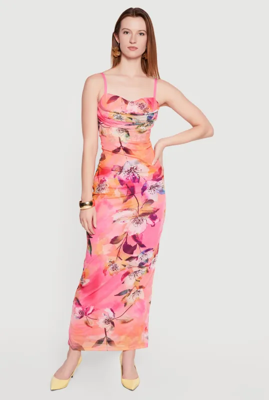 Watercolor Floral Mesh Overlay Cowl Neck Maxi Dress made by Rainbow