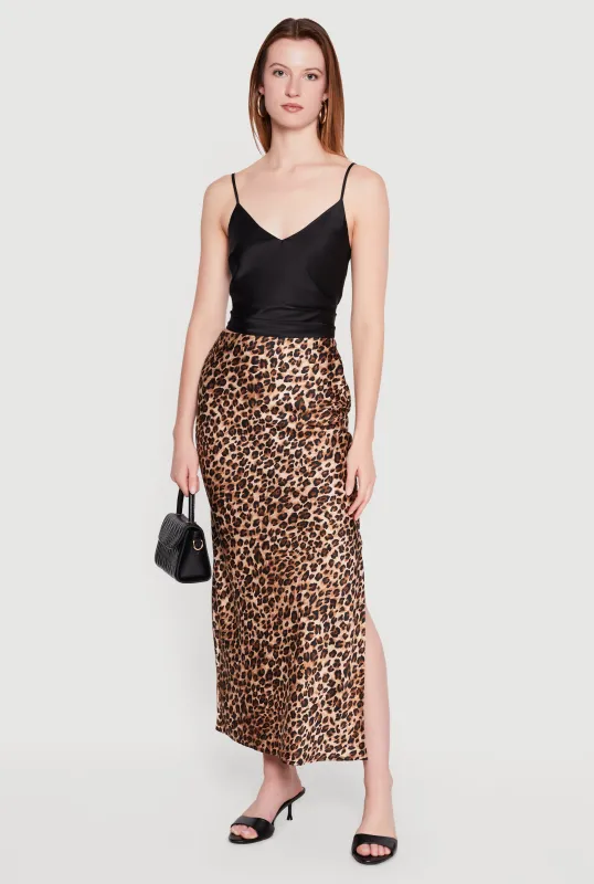 Satin Leopard Print Side Slit Maxi Skirt made by Ambiance
